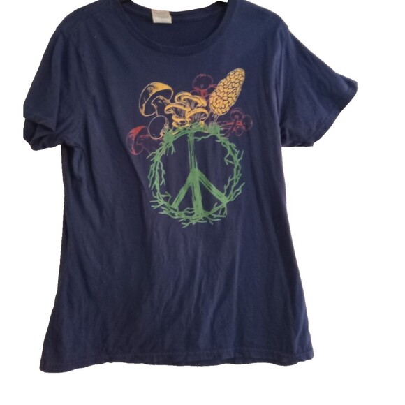 Mushroom Peace Sign T-Shirt Size  Large Blue Short Sleeve T-Shirt  Hippie Boho - Picture 1 of 3